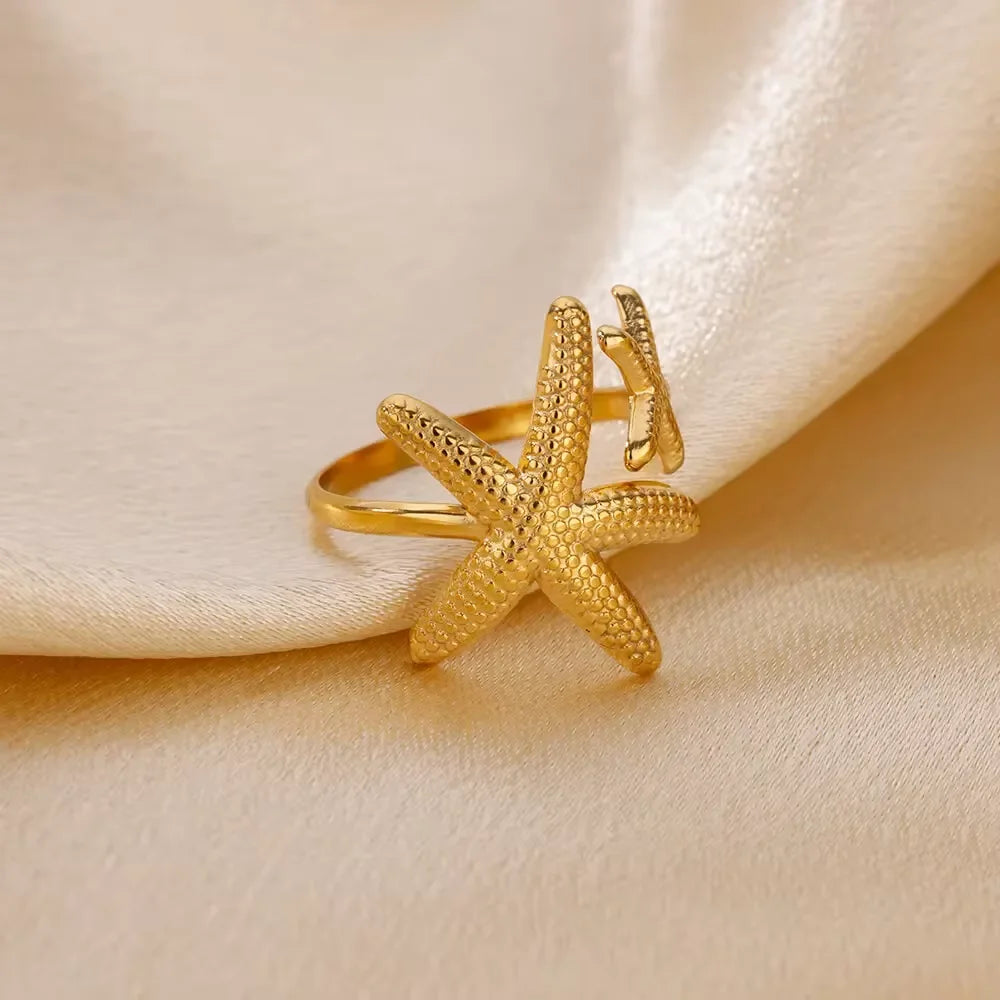 Elegant Stainless Steel Big Bloom Flower Rings For Women Gold Color Sun Starfish Open Ring Finger Jewelry Wedding Her Gift Punk