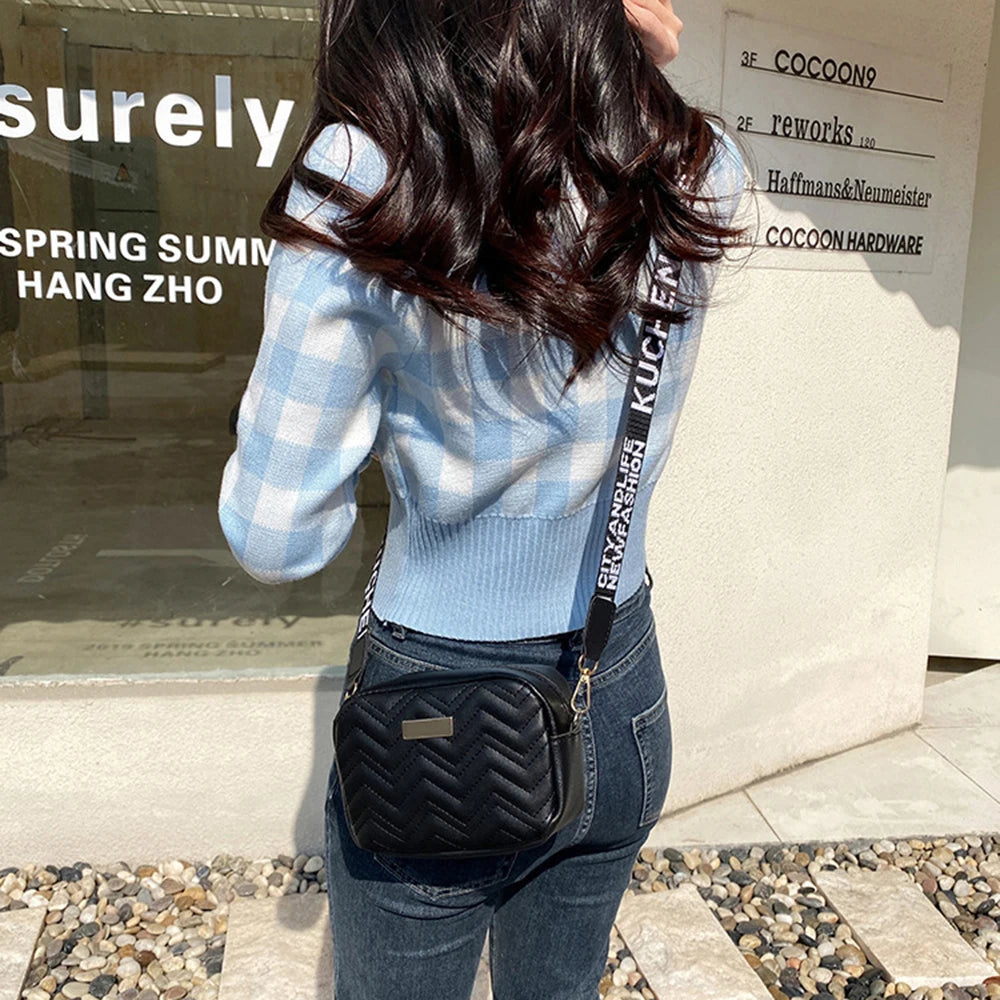 Fashion Wave Pattern Women Shoulder Bag Solid Color Crossbody Bag PU Leather Wide Shoulder Strap Bag Purse Female Handbags