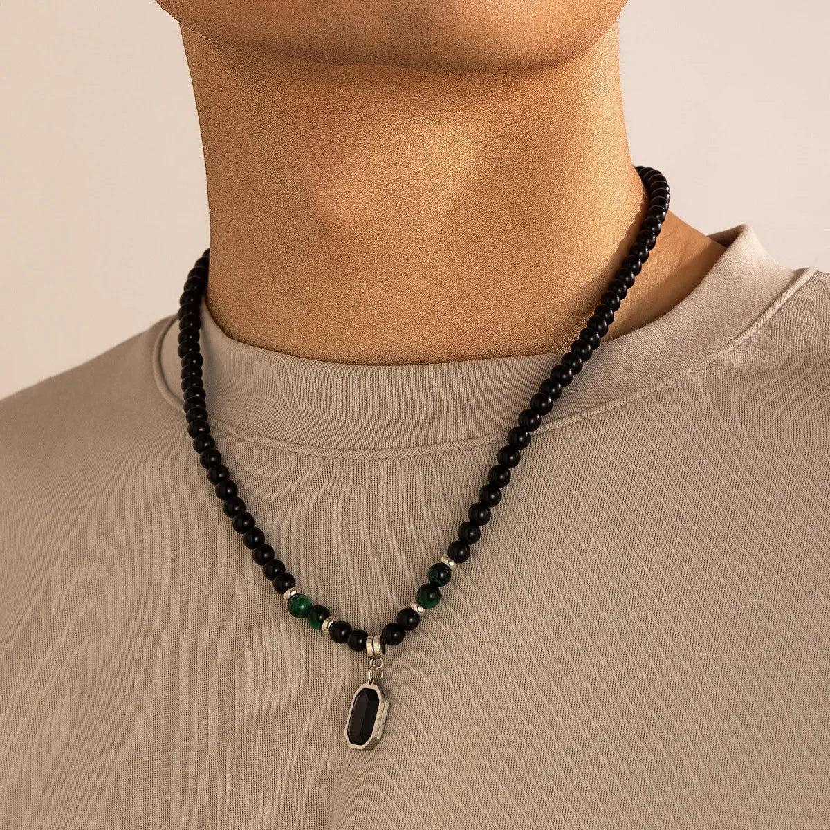 HNSP Black Crystal Pendant Bead Rosary Necklace For Men Jewelry Accessories