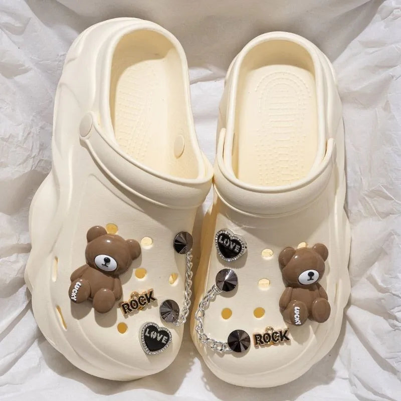 Women DIY Silver Chains Fashion Bear Decor Clogs Summer Sping Autumn Beach Sandals Cave Hole Garden Shoes For Students Girls New