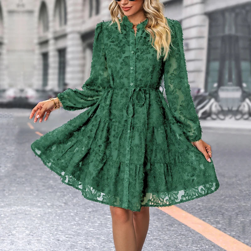JIM & NORA  Autumn Maxi Dress For Women Casual Hollow Crochet Bohemian Long-Sleeve Loose Beach Robe Ladies Holiday Fall Vestidos