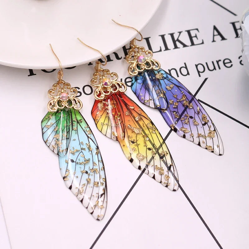 Handmade Fairy Simulation Wing Earrings Insect Butterfly Wing Drop Earrings Foil Rhinestone Earrings Romantic Bridal Jewelry