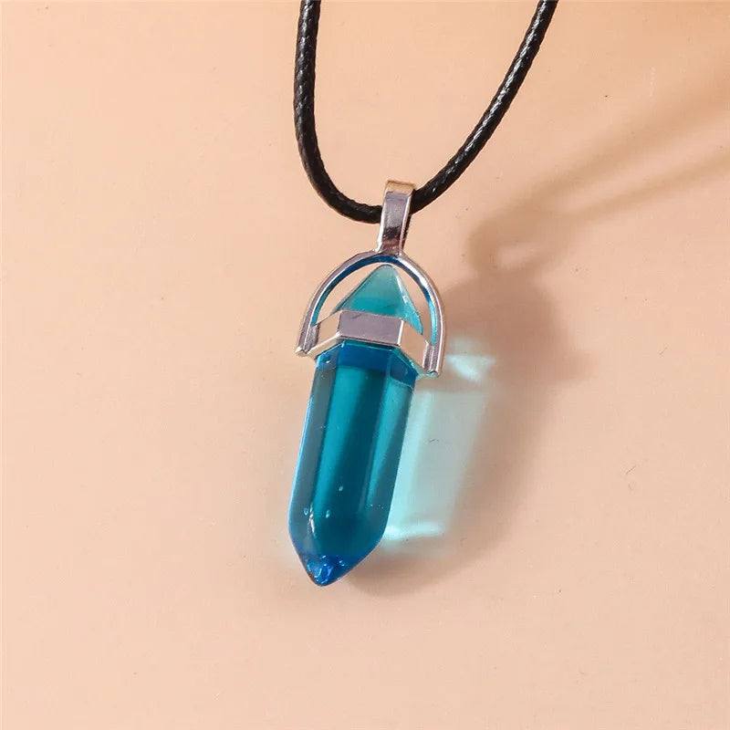 Natural Stone Quartz Lapis Opal Amethyst Pink Crystal Stone Hexagonal Column Pendant Necklaces Leather Chain Bullet Necklace