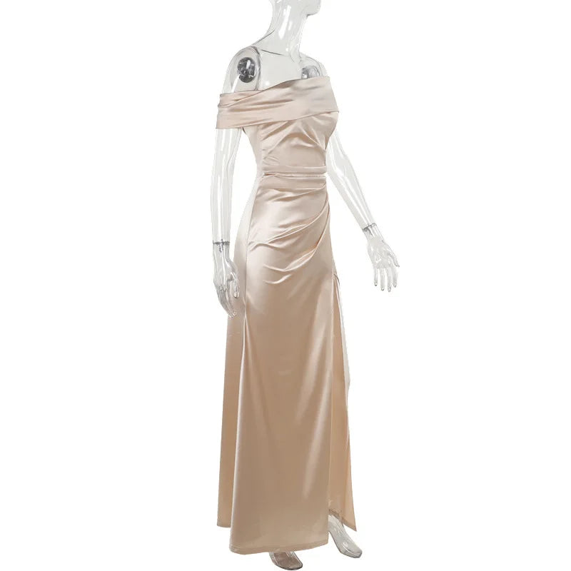 Sexy Satin Halter Dress - Ruched Slit Long Evening Gown