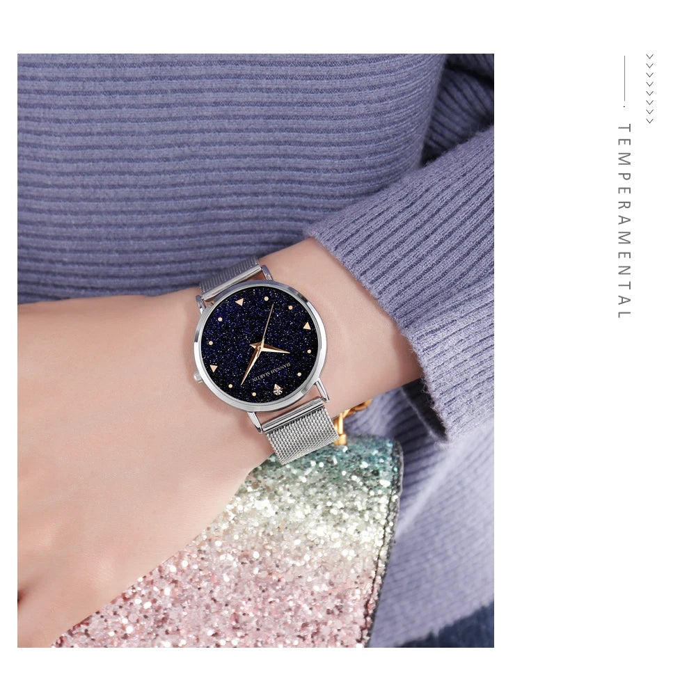 Women Luxury Watch 36mm Fashionable Frosted Dial Japanese Movement Rhinestone Rose Gold Stainless Steel Mesh Women Dress Watches