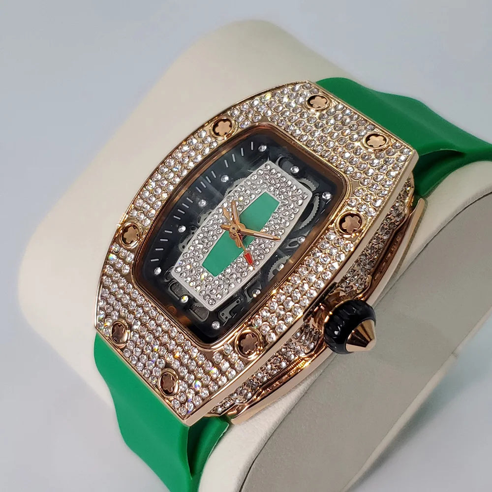 Luxury Diamond Watch For Women Elegant Tonneau Original Design Watches Fashion Ice Out Sport Rubber Strap Waterproof Mille Clock