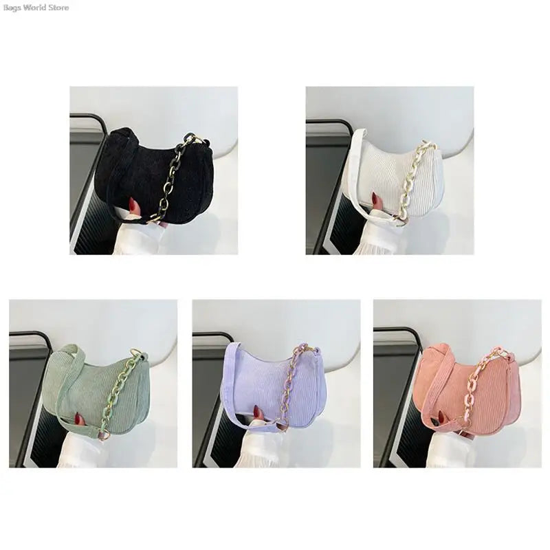 1pc Fashion Vintage Women Handbags Corduroy Underarm Bag Casual Women Shoulder Bags Solid Color Zipper Female Handbag Clutch