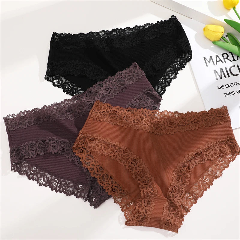 3PCS/Set Cotton Lace Underwear for Women Sexy Ribbed Floral Panties Comfortable Low-Waist Briefs Female Solid Comfort Lingerie