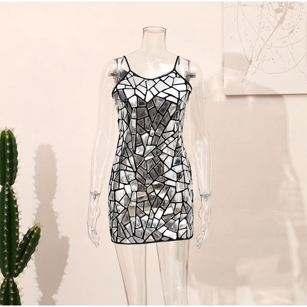 Women Shiny Metallic Sequin Dress - Sleeveless Bodycon Mini Party