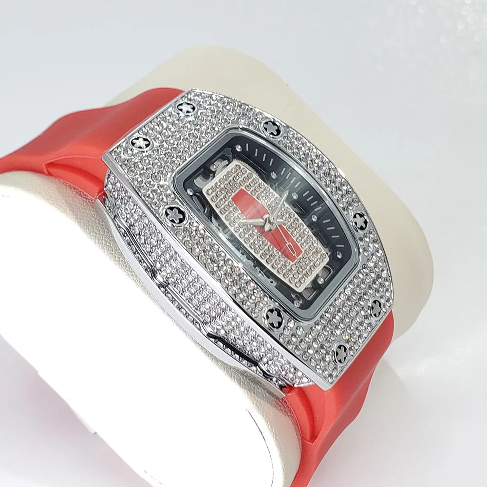 Luxury Diamond Watch For Women Elegant Tonneau Original Design Watches Fashion Ice Out Sport Rubber Strap Waterproof Mille Clock