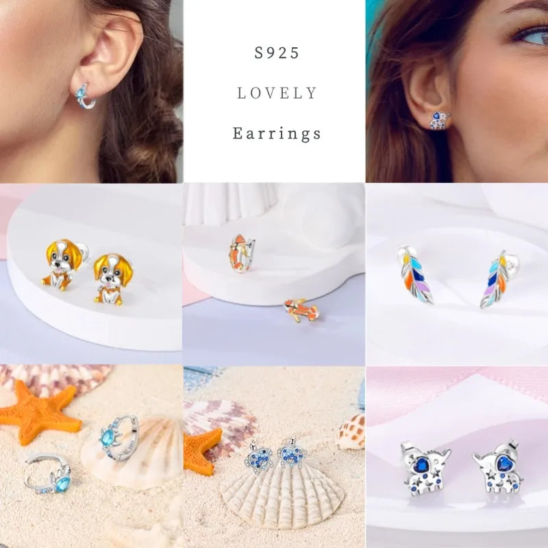 Unicorn Earrings 925 Sterling Silver Original Zircon Elephant Feather Dog Cat Blue Star Small Earrings For Women Jewelry Gift