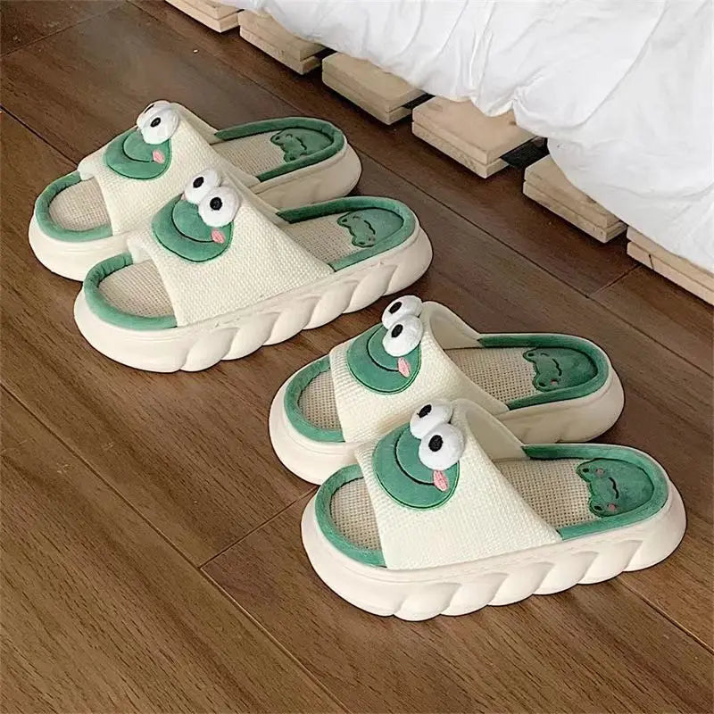 Women's Cartoon Frog Linen Slippers - Soft Thick Sole Anti-Slip Home Shoes