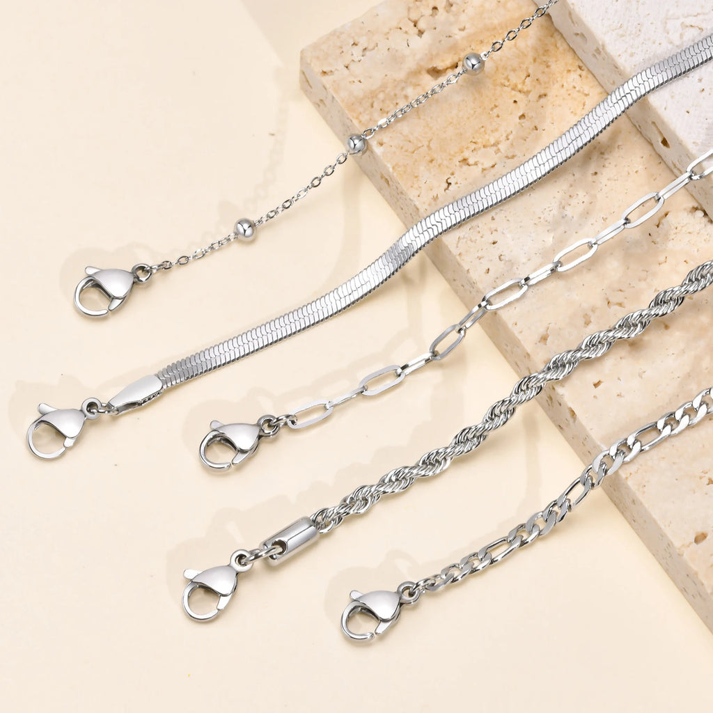 5PCS/Set Women Gold/Silver Color Bracelets,Stainless Steel Lady Geometric Fashion Charm Chain,Multi Layers Dainty Girl Jewelry