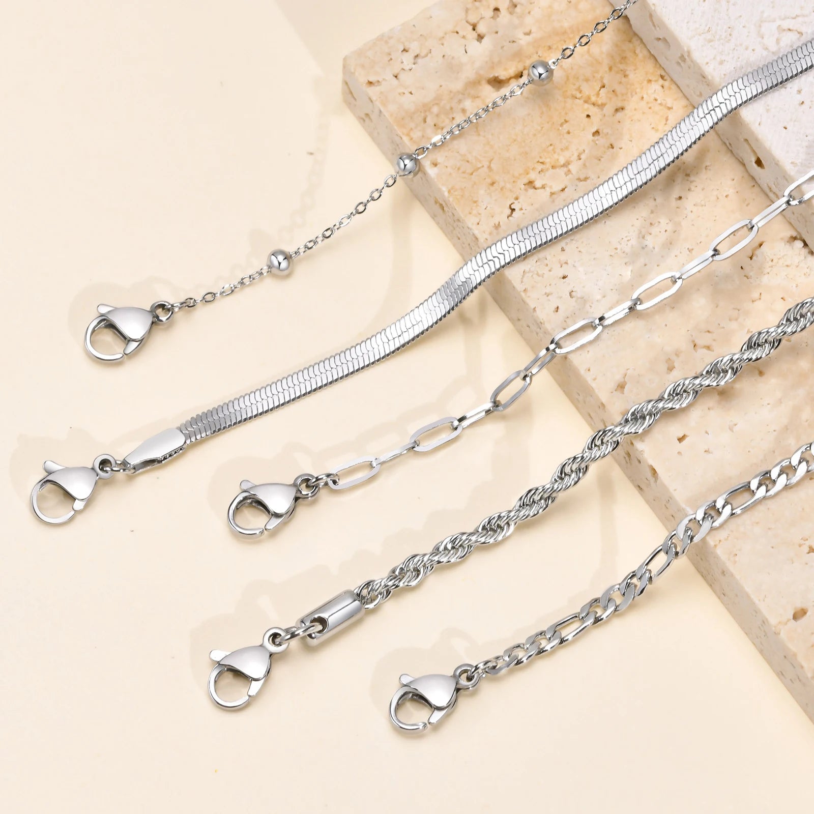 5PCS/Set Women Gold/Silver Color Bracelets,Stainless Steel Lady Geometric Fashion Charm Chain,Multi Layers Dainty Girl Jewelry