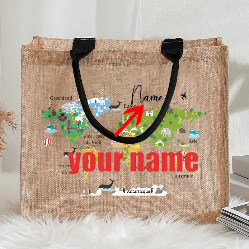 Customizable Name Pastel Dinosaur Vintage Circus Sea Animal Patterns Jute Tote with Hand Shopping Bag for Childrens Friends Gift