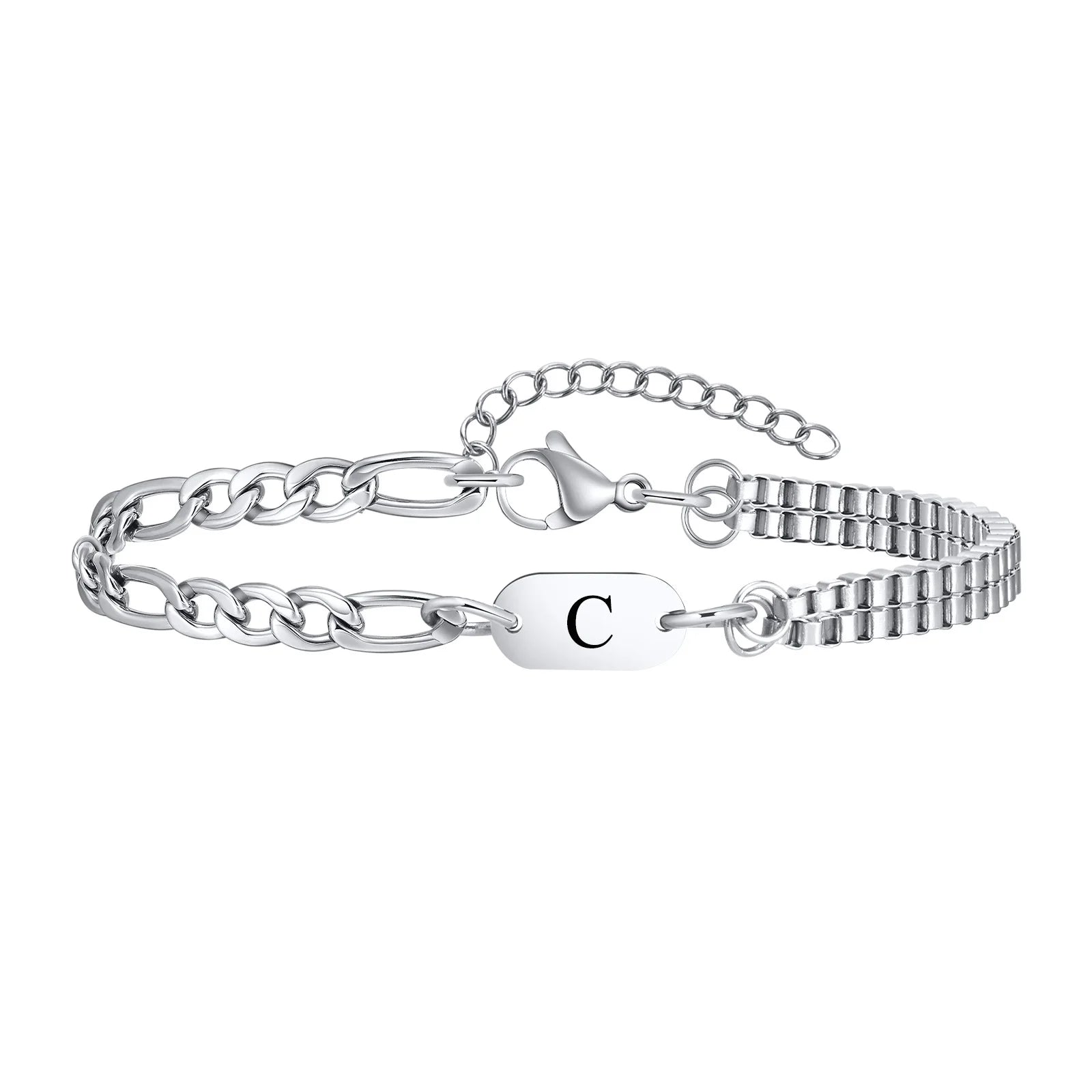 Vnox A-Z Initial Bracelets for Men Women, Never Fade Figaro Chain, Double Layered Box Link Chain Bracelets, Name Gift for Him