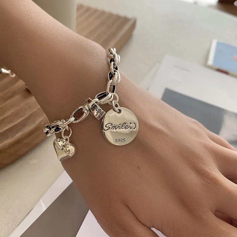 New 925 Silver Geometric Bead Punk Peace of Mind Words Irregular String Bracelet For Woman Girl Fashion Jewelry Gift Dropship