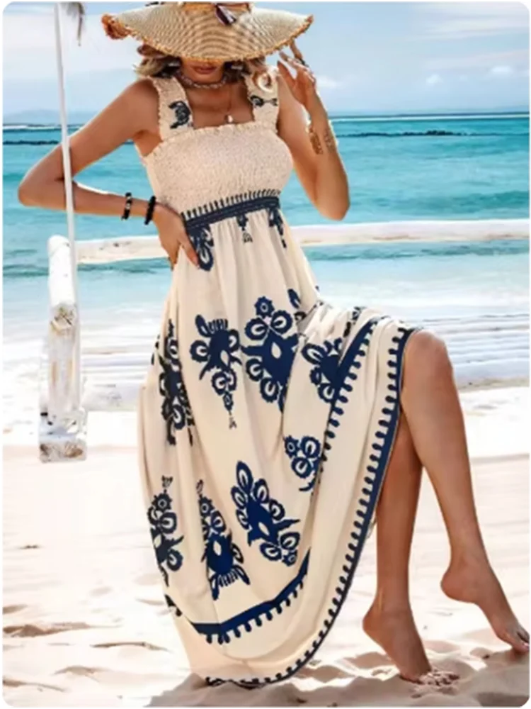 Trendy Square Neck Sleeveless Printed Dresses Women's Suspender High Waist Dress Beach Vacation Robe