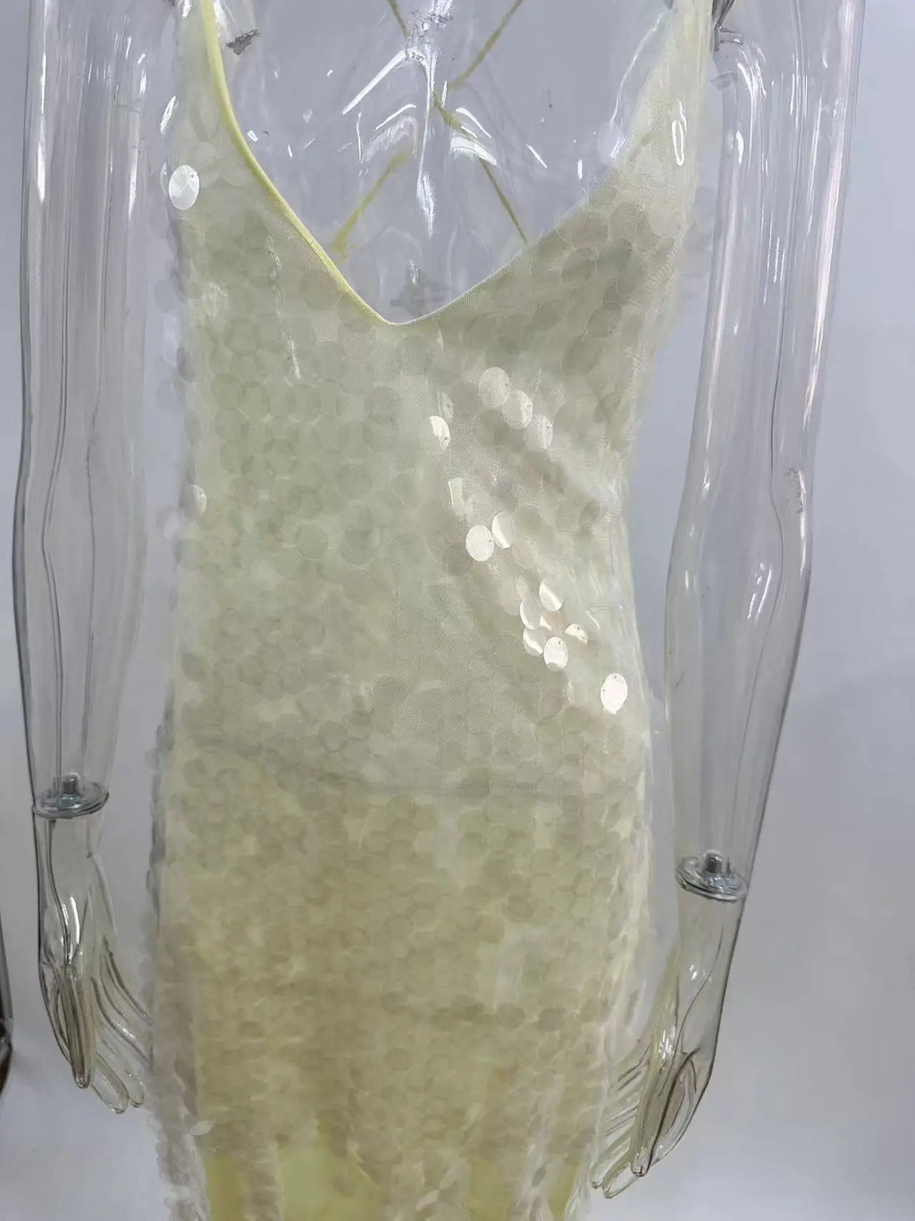 Yellow Sequins Maxi Beach Dress Women Sexy Backless Slim Party Fishtail Dresses Summer Mesh Patchwork Sheer Holiday Dress 2024