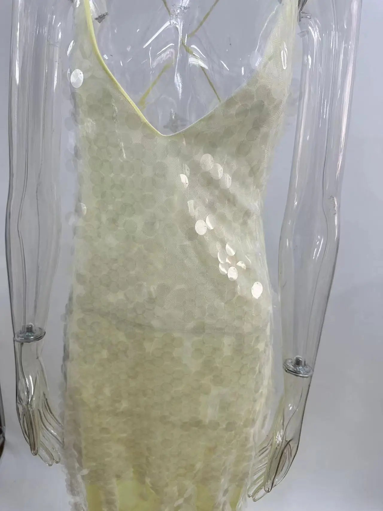 Yellow Sequins Maxi Beach Dress Women Sexy Backless Slim Party Fishtail Dresses Summer Mesh Patchwork Sheer Holiday Dress 2024