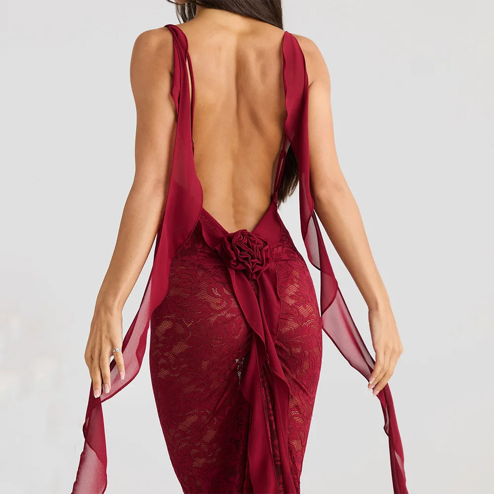 Articat Sexy Sleeveless Lace Patchwork Print Women Backless Party Evening Dress 2024 New Trailing Long Skirt Flowing Vestido