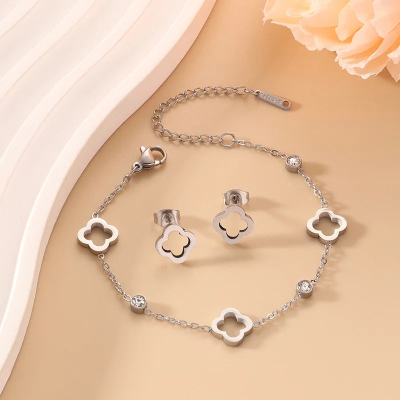 EVISPOL Fashion Stainless Steel Clover Flower Bracelet Set for Women Stylish Gold Color Bangles Earring Piercing Jewelry Gifts