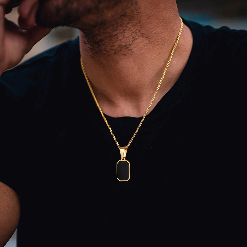 Casual Mens Geometric Square Necklaces,Black Enamel Rectangle Pendant with Rope Box Long Chain Collar,Stylish Jewelry Gifts