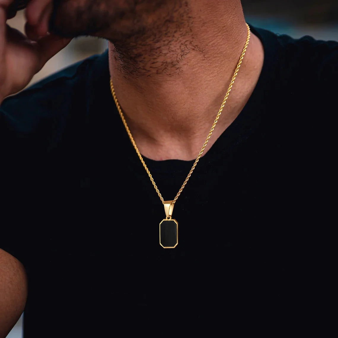 Casual Mens Geometric Square Necklaces,Black Enamel Rectangle Pendant with Rope Box Long Chain Collar,Stylish Jewelry Gifts