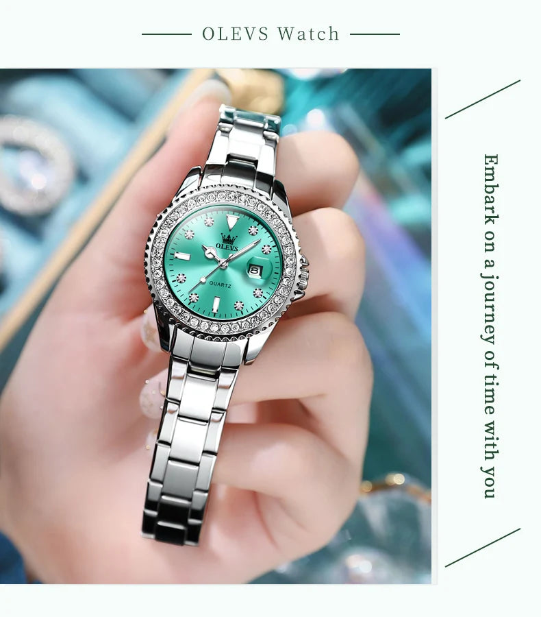 OLEVS 9945 Top Brand Original Quartz Watch for Women Luxury Diamond Lap Calendar Hand Clock Stainless Steel Ladies Wristwatches