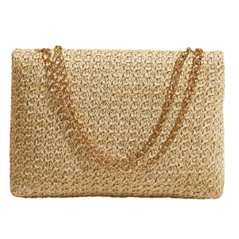 Fashion Straw Women Chain Shoulder Bag Woven High Capacity Buckle Closure Clutch Handmade Crossbody Bag Women