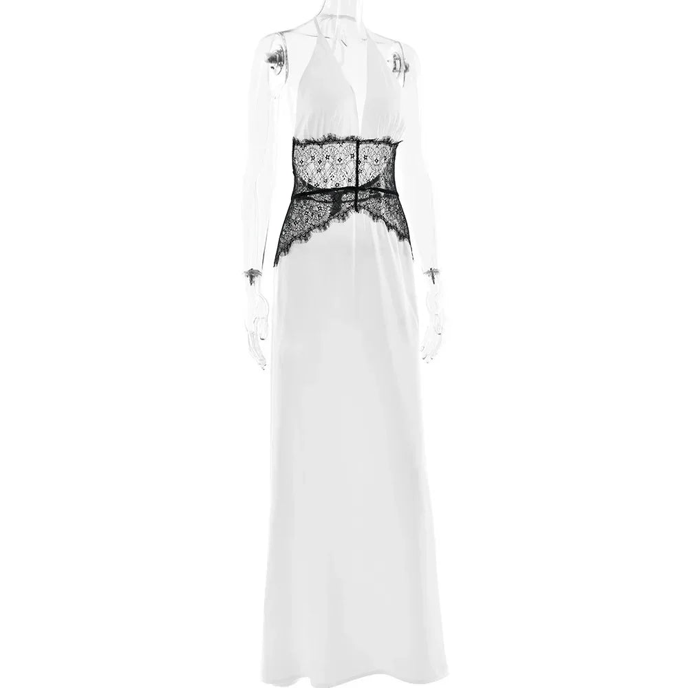 Deep V-Neck Backless Dress - Lace Satin Halter Maxi Evening Gown