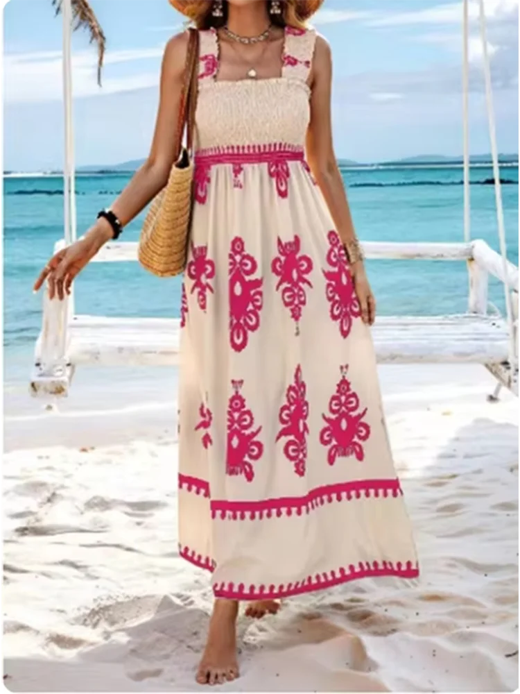 Trendy Square Neck Sleeveless Printed Dresses Women's Suspender High Waist Dress Beach Vacation Robe