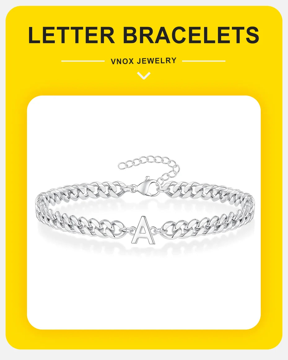 Vnox A-Z Initial Cuban Chain Bracelets for Men Women, Silver Color Stainless Steel Curb Links, Letters Name Charm Bracelet Gift