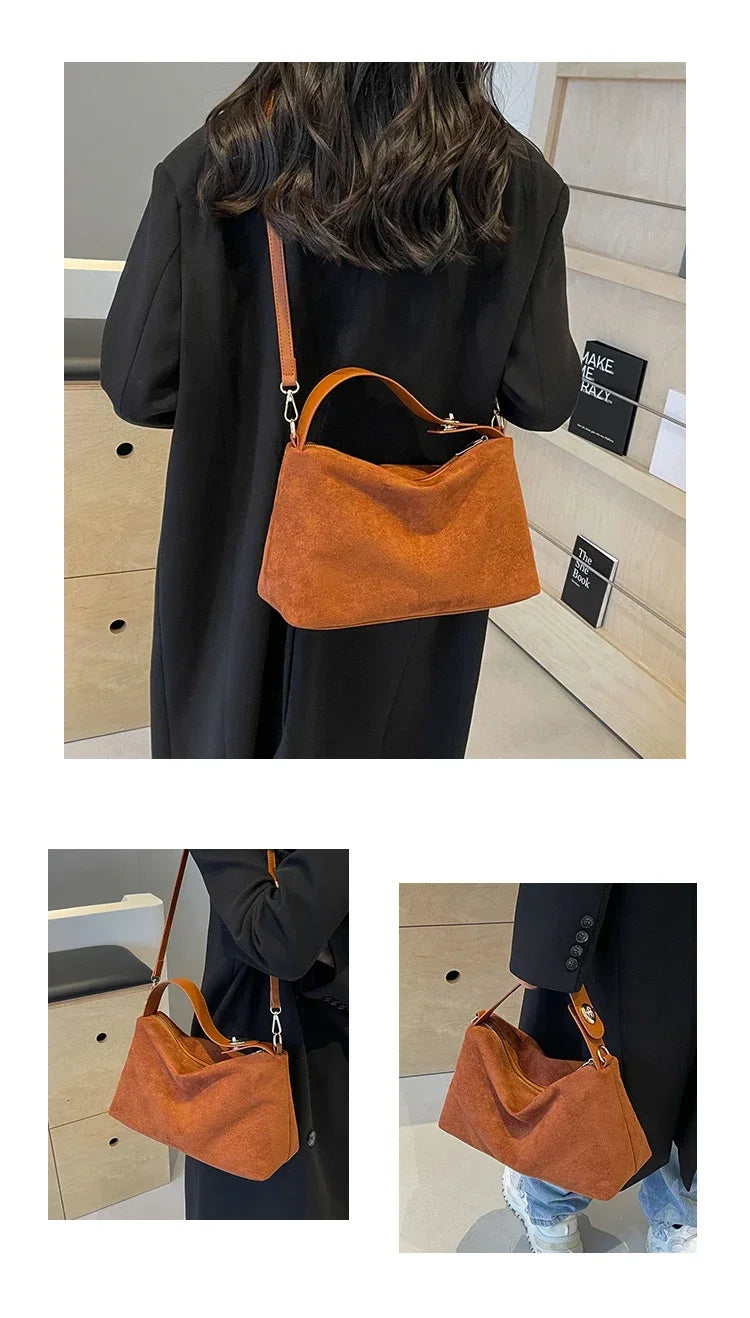 New Solid Color PU Zipper Women's Bag Suede Large Capacity Women's Shoulder Bag Fashion Versatile Casual Dual Purpose Handbag