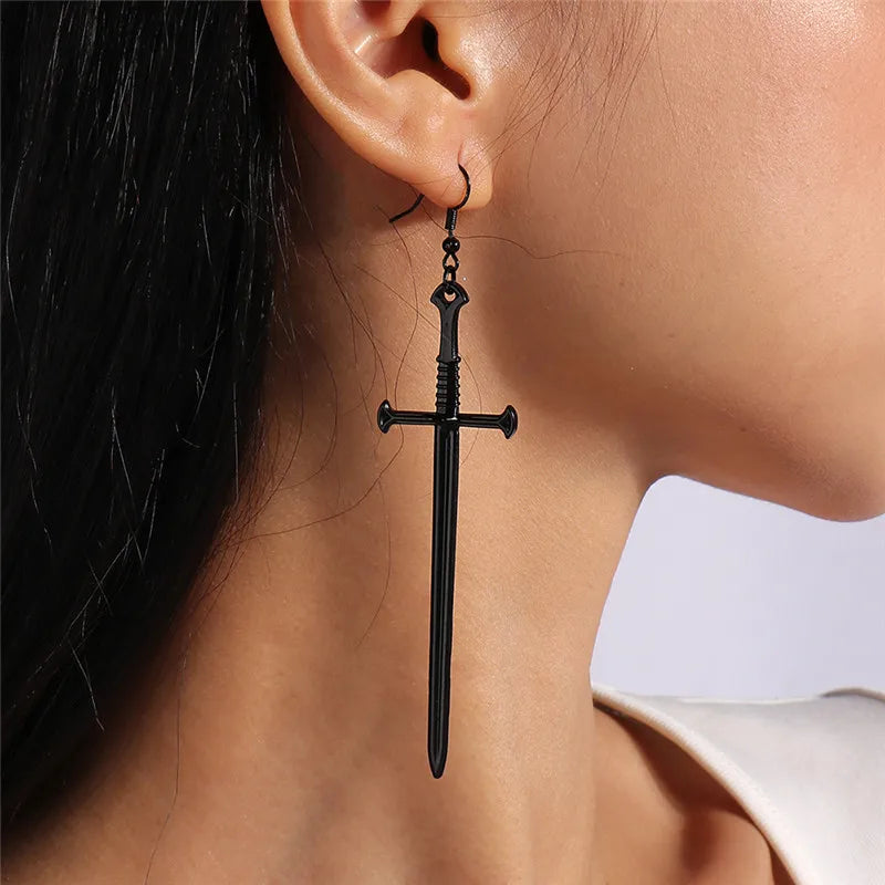Aihua Gothic Vintage Sword Earrings For Women Man Fashion Punk Rock Party Jewelry Accessories Gift Fantasy Cross Dagger Earrings