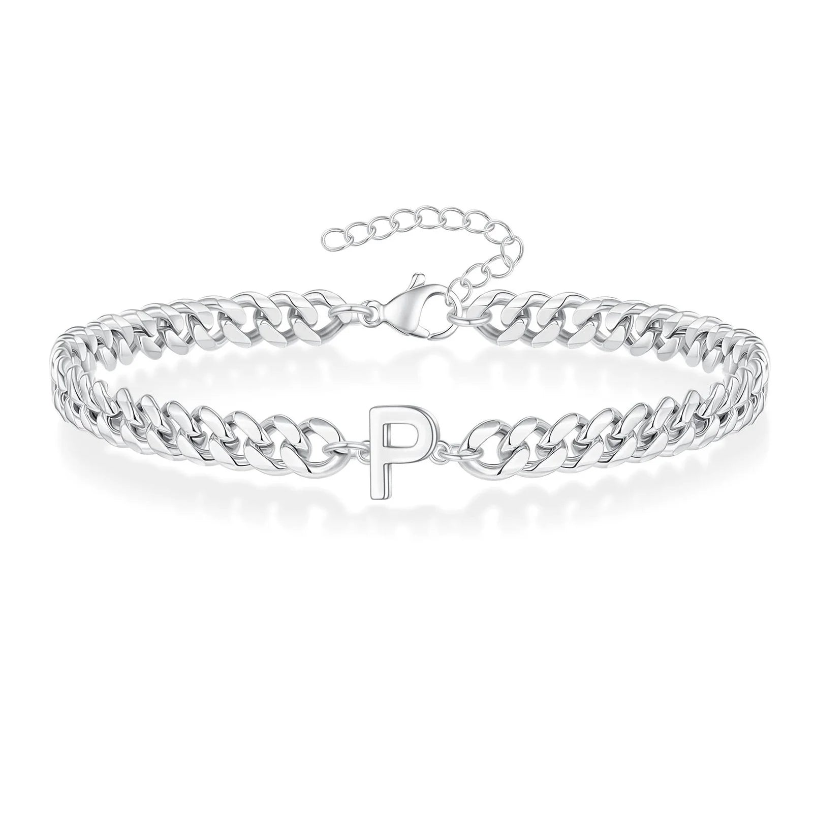 Vnox A-Z Initial Cuban Chain Bracelets for Men Women, Silver Color Stainless Steel Curb Links, Letters Name Charm Bracelet Gift