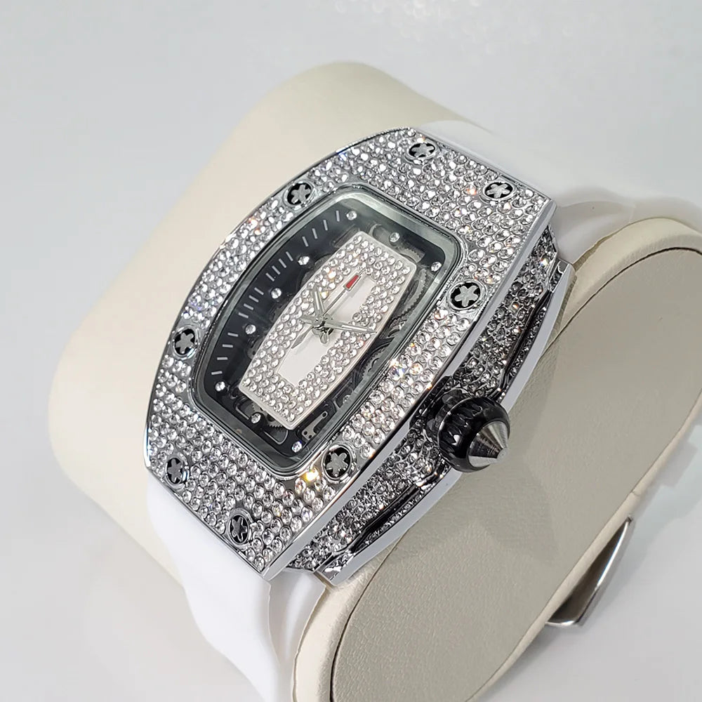 Luxury Diamond Watch For Women Elegant Tonneau Original Design Watches Fashion Ice Out Sport Rubber Strap Waterproof Mille Clock