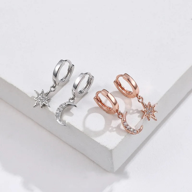 VENTFILLE 925 Sterling Silver CZ Star Moon Asymmetric Hoop Earrings for Women Girls Gold Silver Color Party Jewelry Gifts