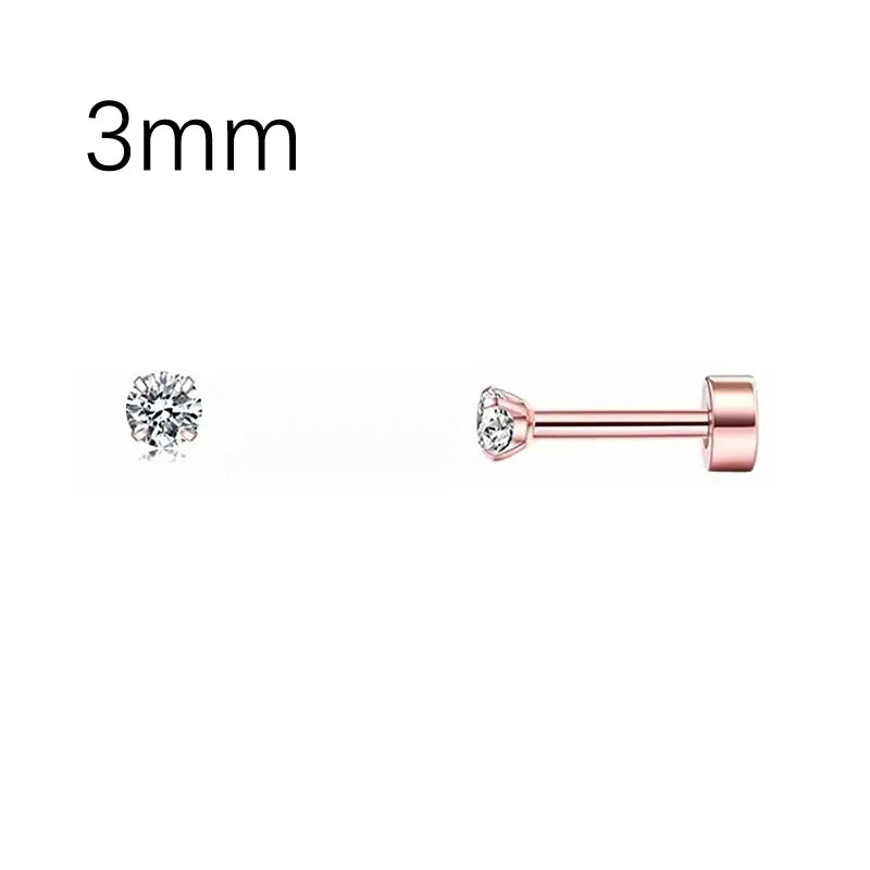 2 Pcs 18G Hypoallergenic Stud Earrings for Women Men Stainless Steel Flatback Earring Cubic Zirconia Earring Piercings