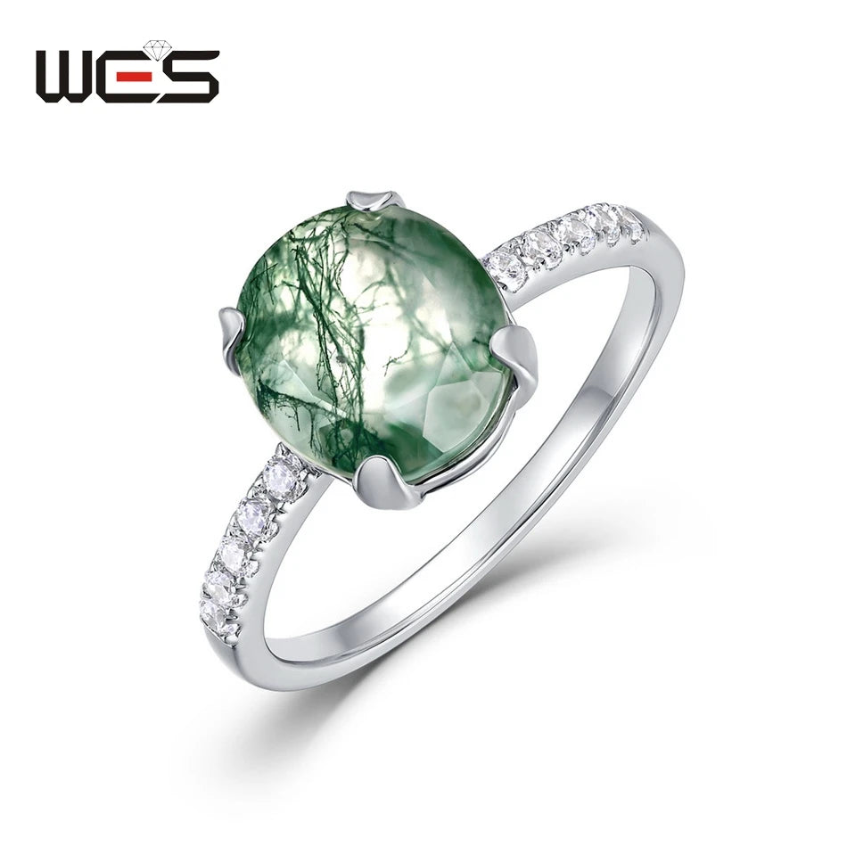 WES Oval Natural Birthstone Moonstone Promise Ring for Woman Aquamarine Moss Agate 925 Silver Jewelry Birthday Gift With Box
