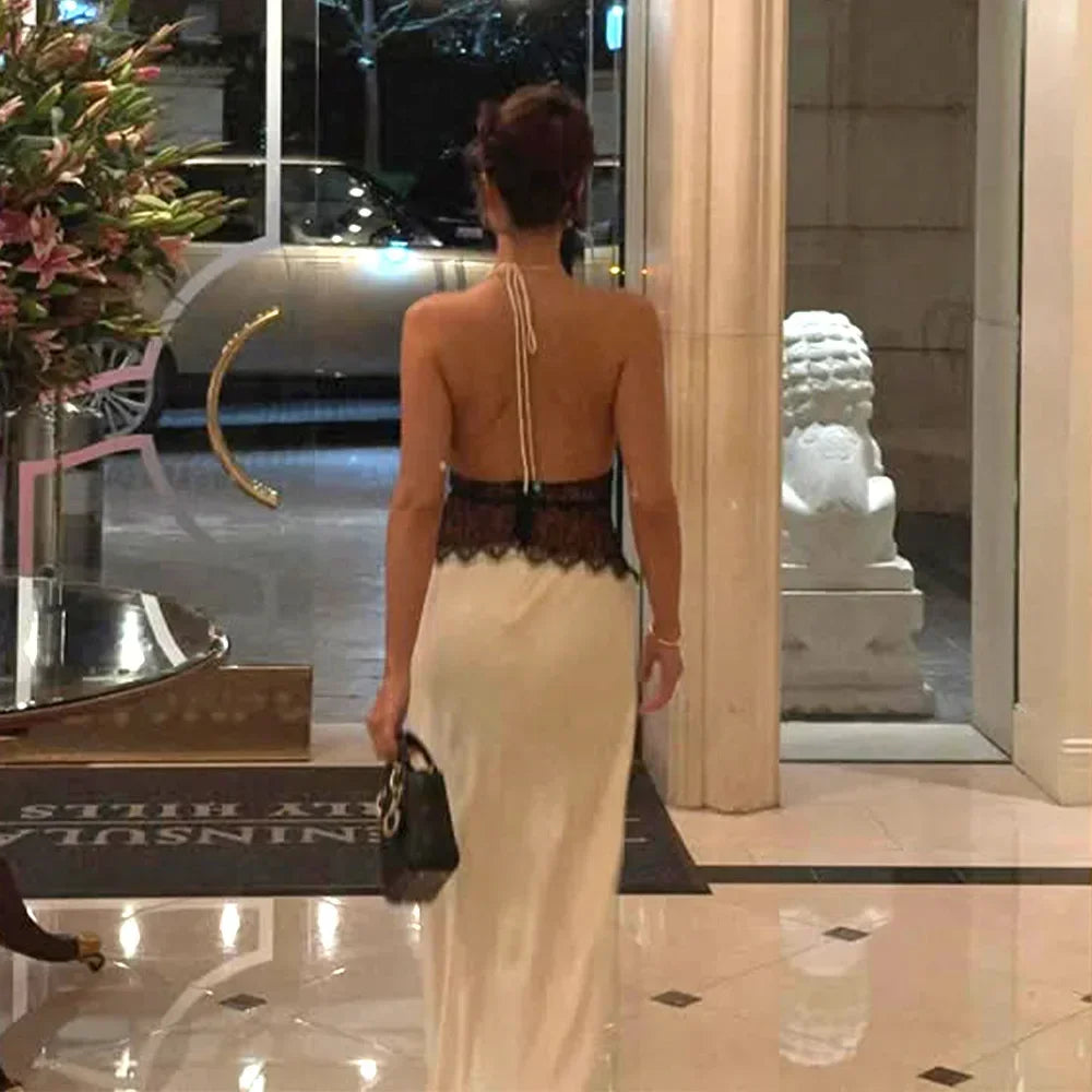 Deep V-Neck Backless Dress - Lace Satin Halter Maxi Evening Gown