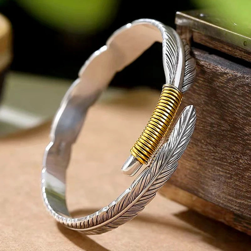 925 Sterling Silver Bracelet Bangle Feather Golden Flower Vintage Punk For Woman Men Fashion Jewelry Gift Dropship Wholesale