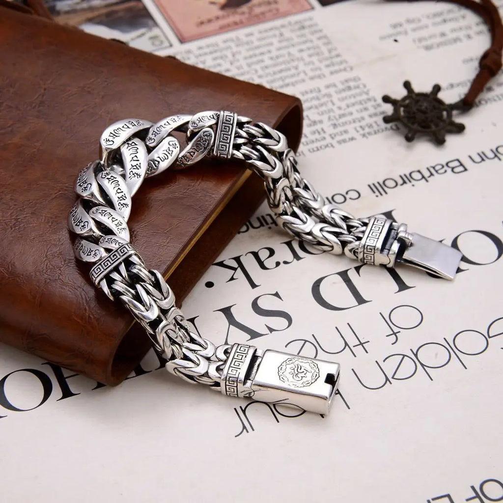 S925 Sterling Silver Personalized Men and Women Bracelets Six-Character Peace Pattern Cuban Chain Jewelry Exquisite Gift
