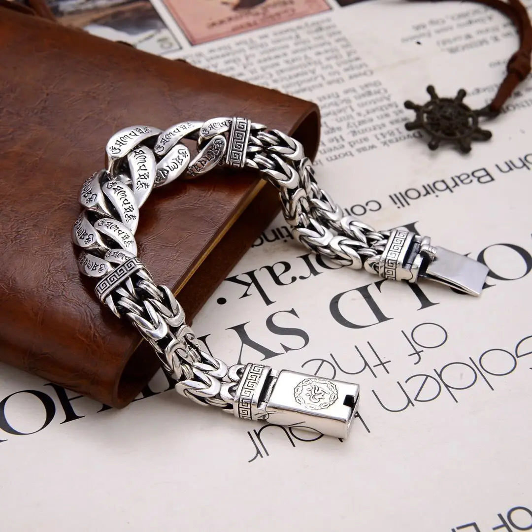 S925 Sterling Silver Personalized Men and Women Bracelets Six-Character Peace Pattern Cuban Chain Jewelry Exquisite Gift