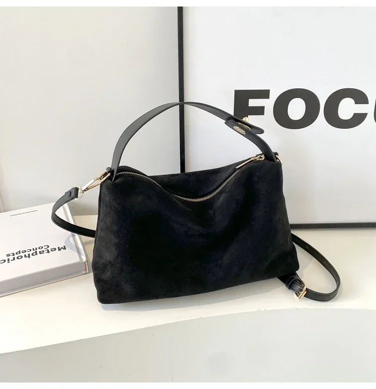 New Solid Color PU Zipper Women's Bag Suede Large Capacity Women's Shoulder Bag Fashion Versatile Casual Dual Purpose Handbag