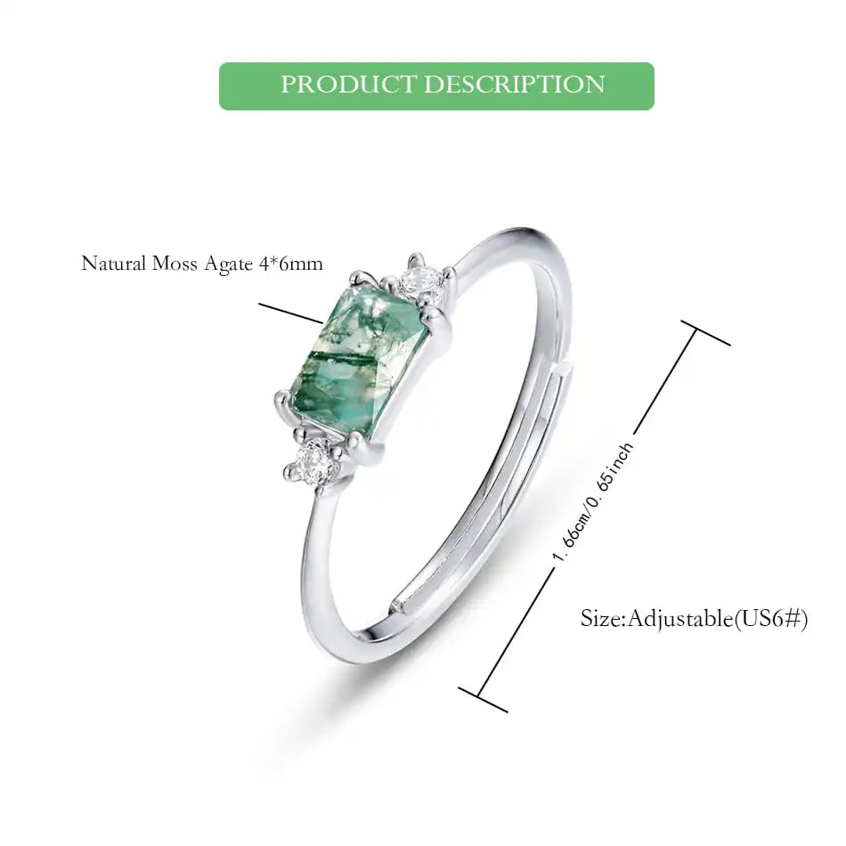 WES 925 Sterling Silver Open Ring for Woman Classic Unique Green Moss Agate Crystal Ring Engagement Gift Wholesale Oval Cut