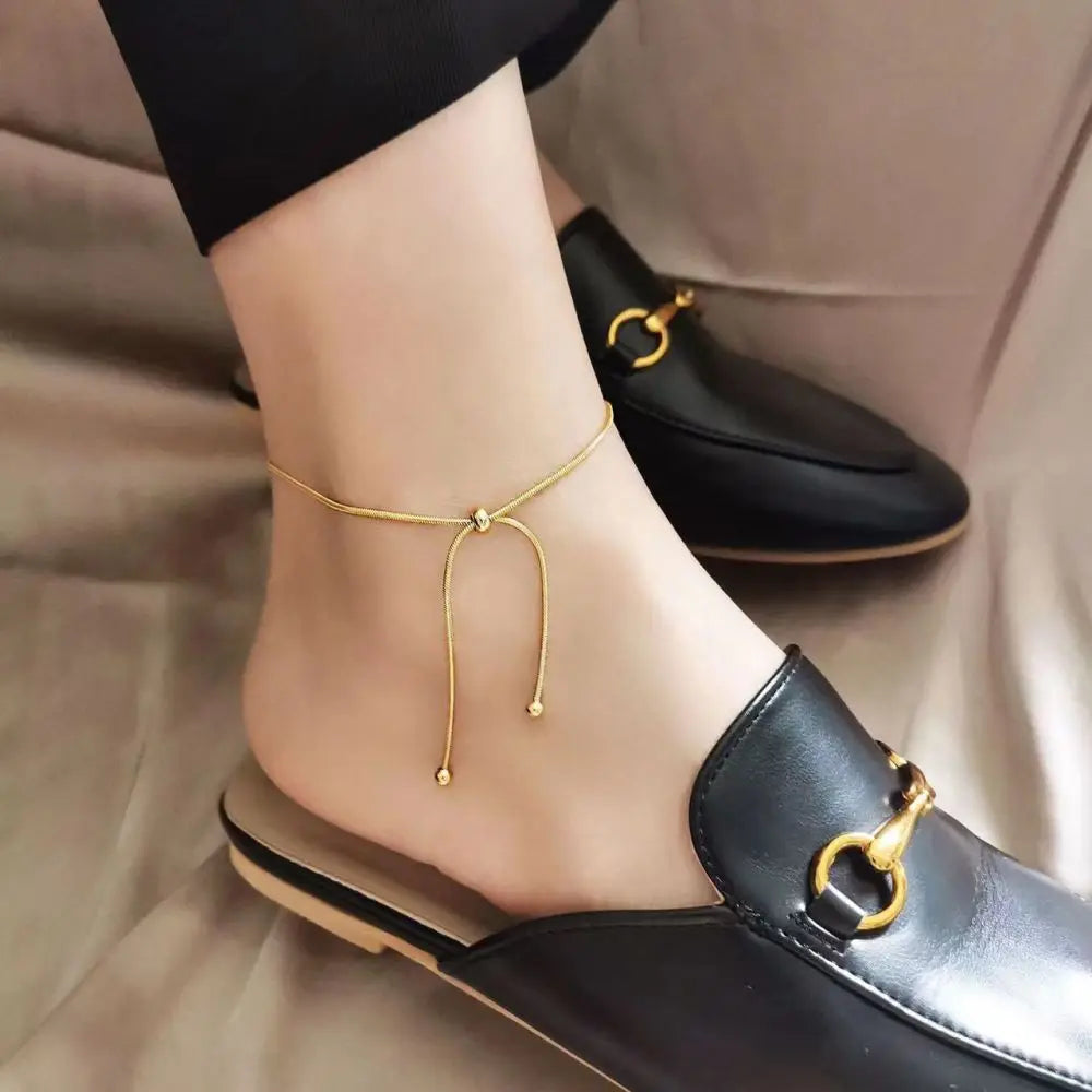 Stainless Steel Adjustable Anklet for Woman Round Snake Chain Pull-Out Anklet Button Birthday Gift Jewelry on Foot Wholesale