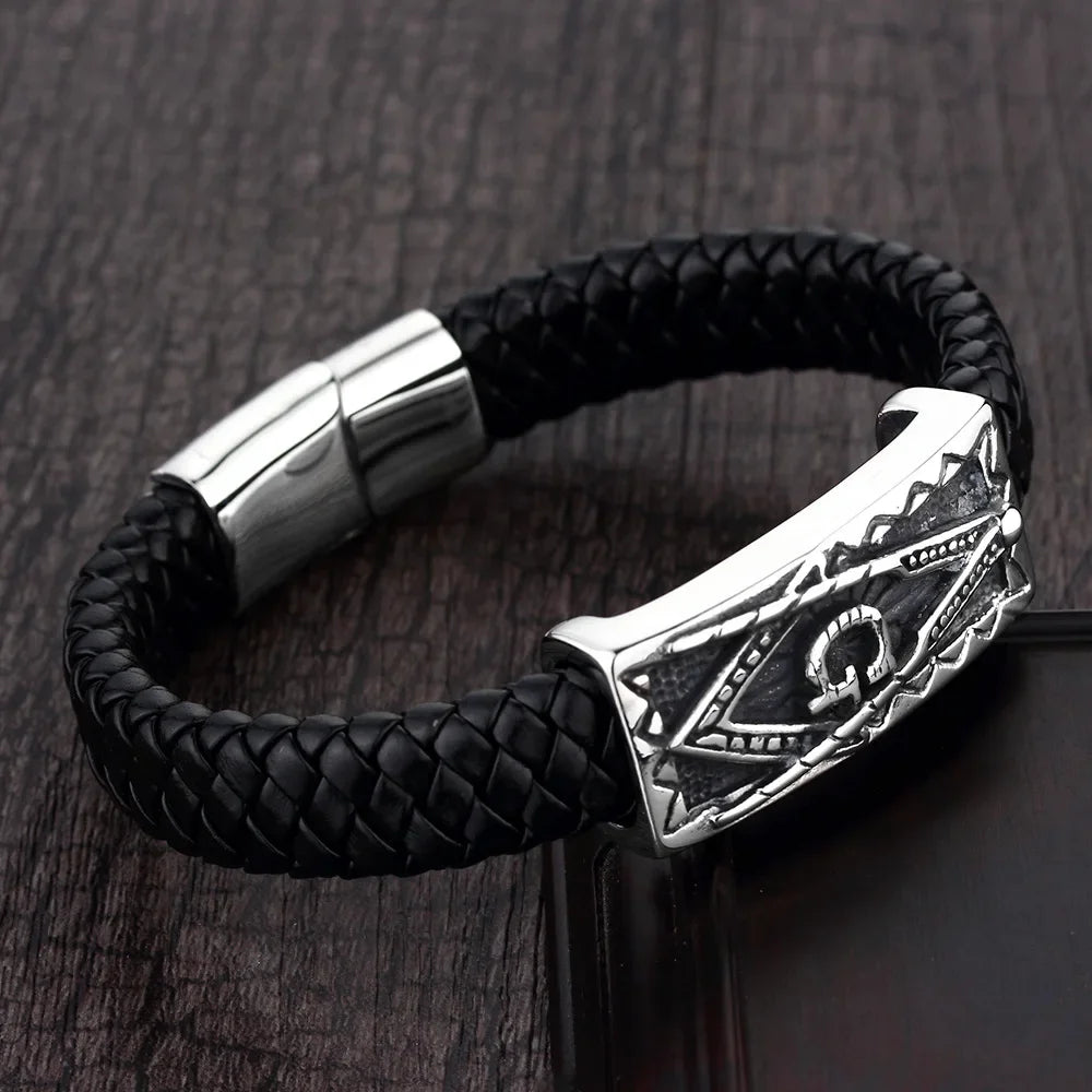 Vintage Braided Leather Masonic Totem Bracelet Men's Single Layer Leather Magnetic Bracelet Fashion Party Trendy Jewelry Gift