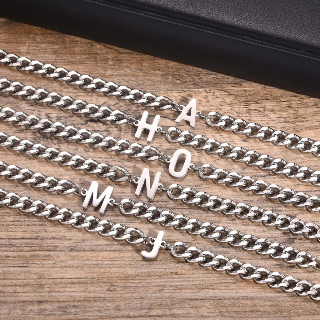 Vnox A-Z Initial Cuban Chain Bracelets for Men Women, Silver Color Stainless Steel Curb Links, Letters Name Charm Bracelet Gift