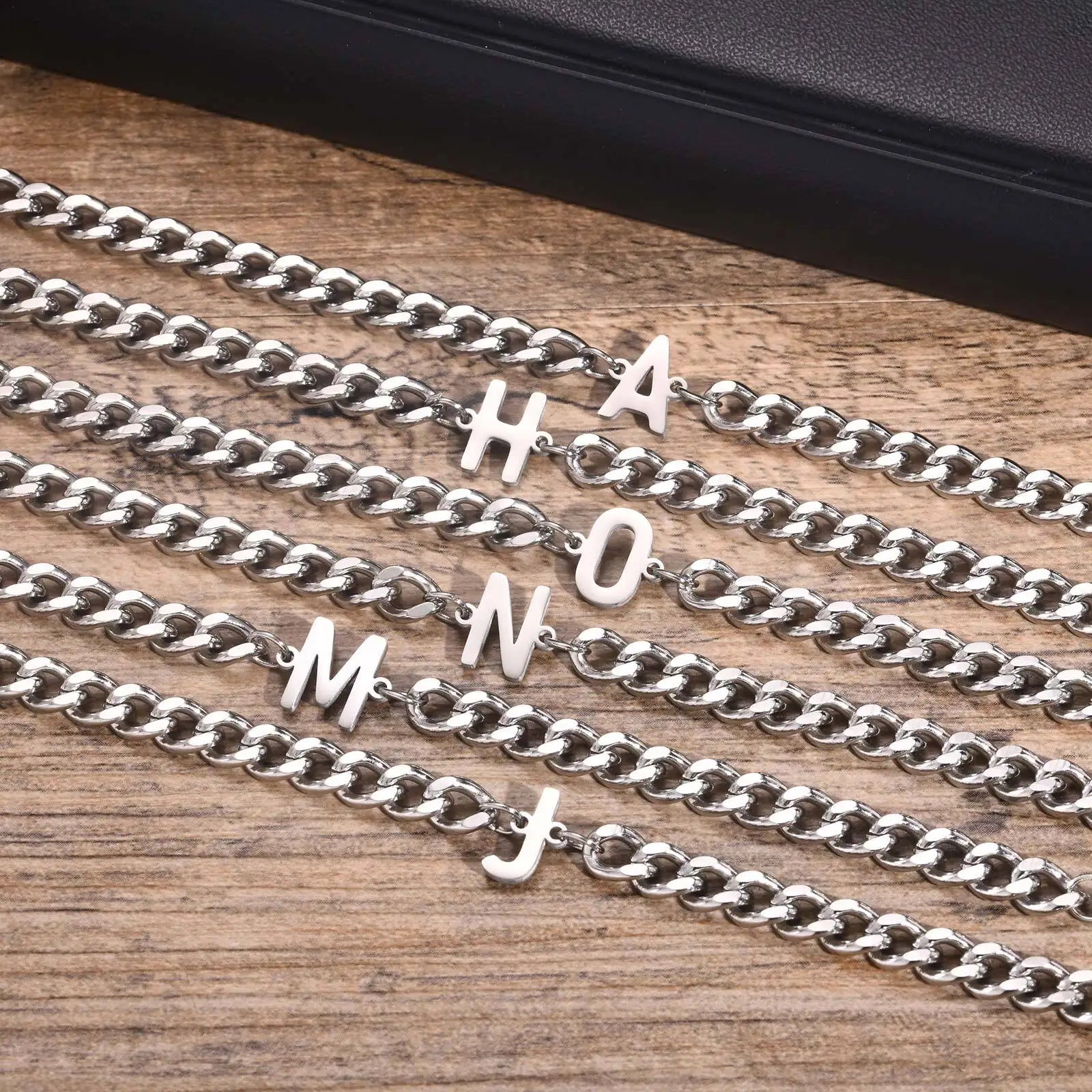 Vnox A-Z Initial Cuban Chain Bracelets for Men Women, Silver Color Stainless Steel Curb Links, Letters Name Charm Bracelet Gift
